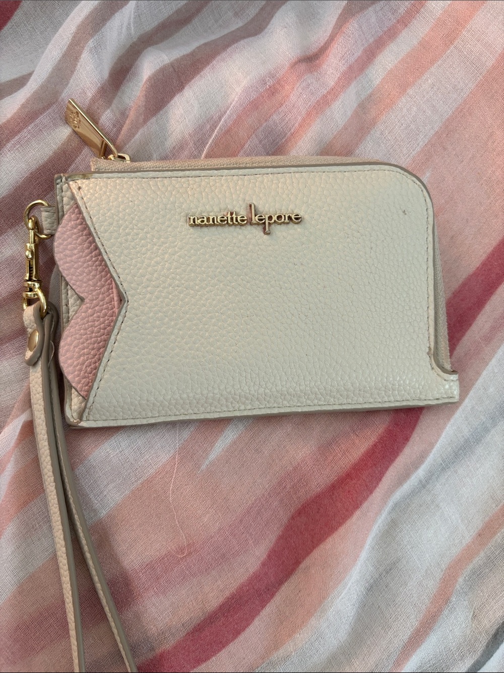 Nanette Lepore Cream & Pink Pebbled Leather Wristlet